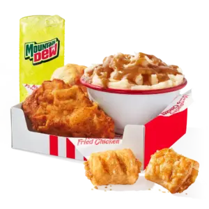 KFC 1 pc. Chicken Fill Up: 1 pc. fried chicken breast, individual side, biscuit, 2 pie poppers, medium drink