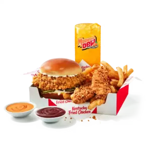 KFC $11 Box Feast: 1 Classic Chicken Sandwich, 5 pc. nuggets, 3 oz. Secret Recipe fries, medium drink, 2 dipping sauces