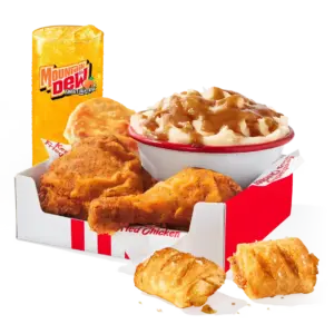 KFC 2 pc. Chicken Fill Up: 2 pc. fried chicken (drum and thigh build), individual side, biscuit, 2 pie poppers, medium drink