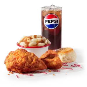 KFC 2 pc. Drum & Thigh Combo: 1 drumstick, 1 thigh, Secret Recipe fries, biscuit, medium drink