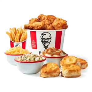 KFC $20 Build-A-Bucket: 8 dark-meat pieces or 8 Original Recipe tenders, 4 individual sides, 4 dipping sauces, 4 biscuits