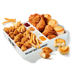 KFC $20 Fill Up Box: 4 pc. mixed fried chicken, 12 nuggets, Secret Recipe fries, 4 biscuits, 4 dipping sauces