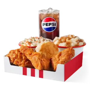 KFC 3 pc. Chicken Box: 3 pc. mixed fried chicken, Secret Recipe fries, biscuit, medium drink