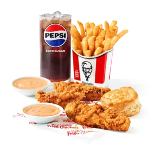 KFC 3 pc. Tenders Combo: 3 Original Recipe tenders, secret recipe fries, biscuit, dipping sauce, medium drink