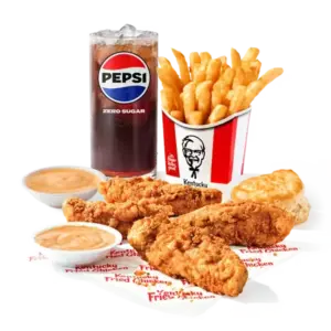 KFC 4 pc. Tenders Combo: 4 Original Recipe tenders, individual side, biscuit, 2 dipping sauces, medium drink