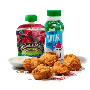 KFC 5 pc. Nuggets Kids Meal: 5 crispy chicken nuggets, kids' side (applesauce, Jr. fries or mac and cheese), kids' drink, dipping sauce