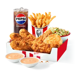 KFC 5 pc. Tenders Big Box: 5 Original Recipe tenders, Secret Recipe fries, mashed potatoes with gravy, biscuit, 2 dipping sauces, medium drink