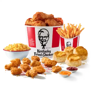 KFC 6 pc. Chicken & 12 Nuggets Family Meal: 6 pc. mixed fried chicken, 12 crispy chicken nuggets, 2 large sides, 4 biscuits
