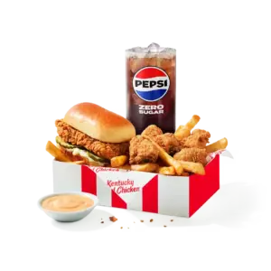 KFC $7 Box Feast: 1 Chicken Tender Snacker, 5 pc. nuggets, 3 oz. Secret Recipe fries, medium drink, 1 dipping sauce