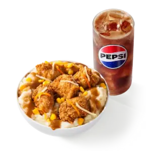 KFC Famous Bowl Combo (Mashed Potato Bowl Combo): Mashed Potato Bowl (mash, gravy, corn, crispy nuggets, three-cheese blend), medium drink