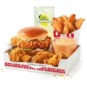 KFC Hot Ranch Box, Wings & Sandwich: 3 Double Crispy Hot Wings, Classic Chicken Sandwich, potato wedges, 4 oz. Hot Ranch Big Dip, medium drink
