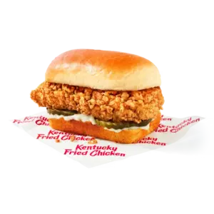 KFC Chicken Tender Snacker: Original Recipe chicken tender, pickles, creamy mayo, soft brioche bun (some stores substitute a sesame-seed bun)