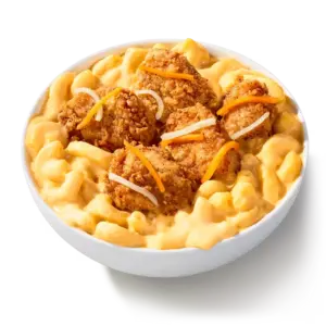 KFC Mac & Cheese Bowl: homestyle mac and cheese, crispy chicken nuggets, three-cheese blend