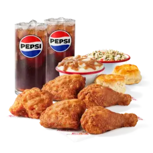 KFC Meal for Two (5 pc. Chicken): 5 pc. mixed fried chicken, 2 individual sides, 2 biscuits, 2 medium drinks