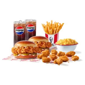 KFC Meal for Two (2 Sandwiches & 10 Nuggets): 2 Classic Chicken Sandwiches, 10 crispy chicken nuggets, 2 individual sides, 2 medium drinks
