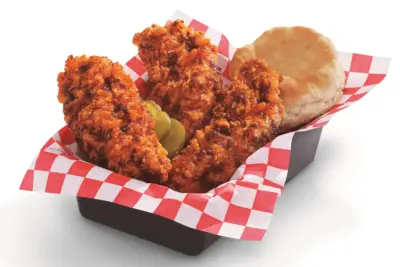 KFC Nashville Hot Chicken: fried chicken pieces, Nashville Hot spiced oil, pickle slices